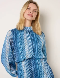 Zig Zag Metallic High Neck Puffball Pleated Dress