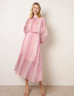 Zig Zag Metallic High Neck Puffball Pleated Dress