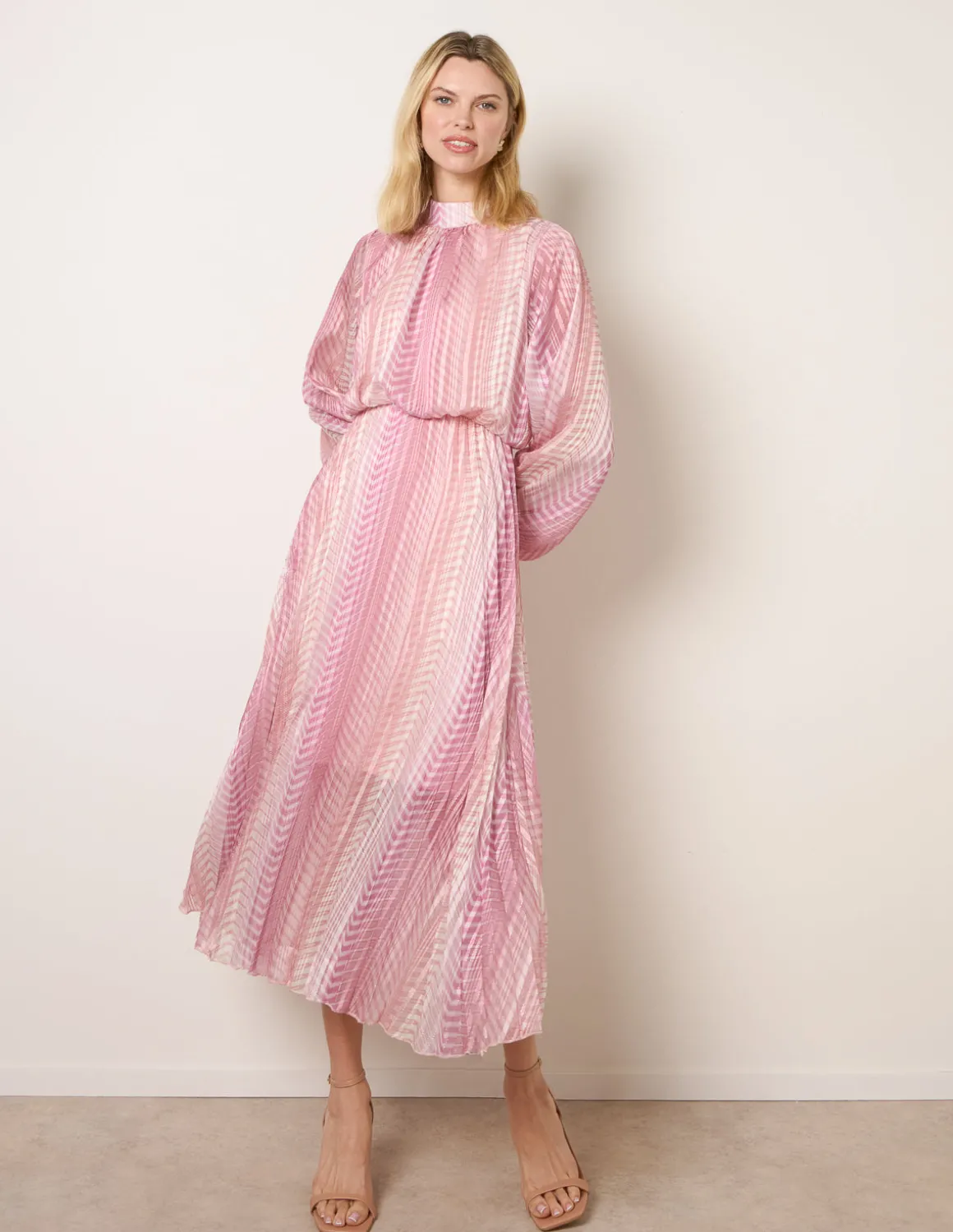 Zig Zag Metallic High Neck Puffball Pleated Dress