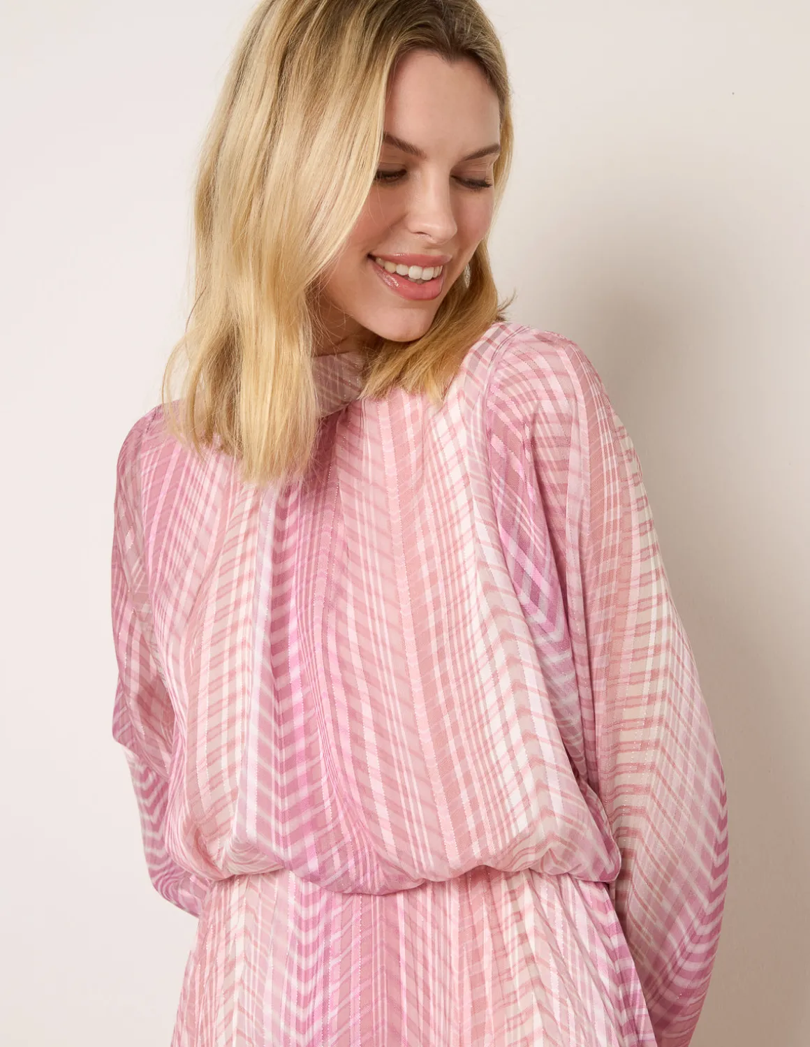Zig Zag Metallic High Neck Puffball Pleated Dress