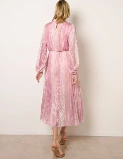Zig Zag Metallic High Neck Puffball Pleated Dress